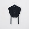 Black tuxedo vest shirt with pleated front, button placket, and long waist ties