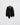 Front view of a textured black draped sweater with an olive V-neck and uneven hem