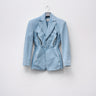 Light blue denim jacket dress with notch lapels and front button closure