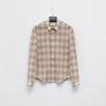 Beige plaid button-up shirt with pointed collar and long sleeves
