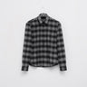 Grey plaid button-up shirt with pointed collar and long sleeves