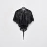 Black lace blouse with short sleeves and sheer overlay, high neck button front
