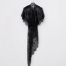 Black lace dress with layered asymmetrical hem and short cape sleeves
