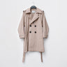 Nude textured trench coat on hanger with black buttons, notched collar, and belt.
