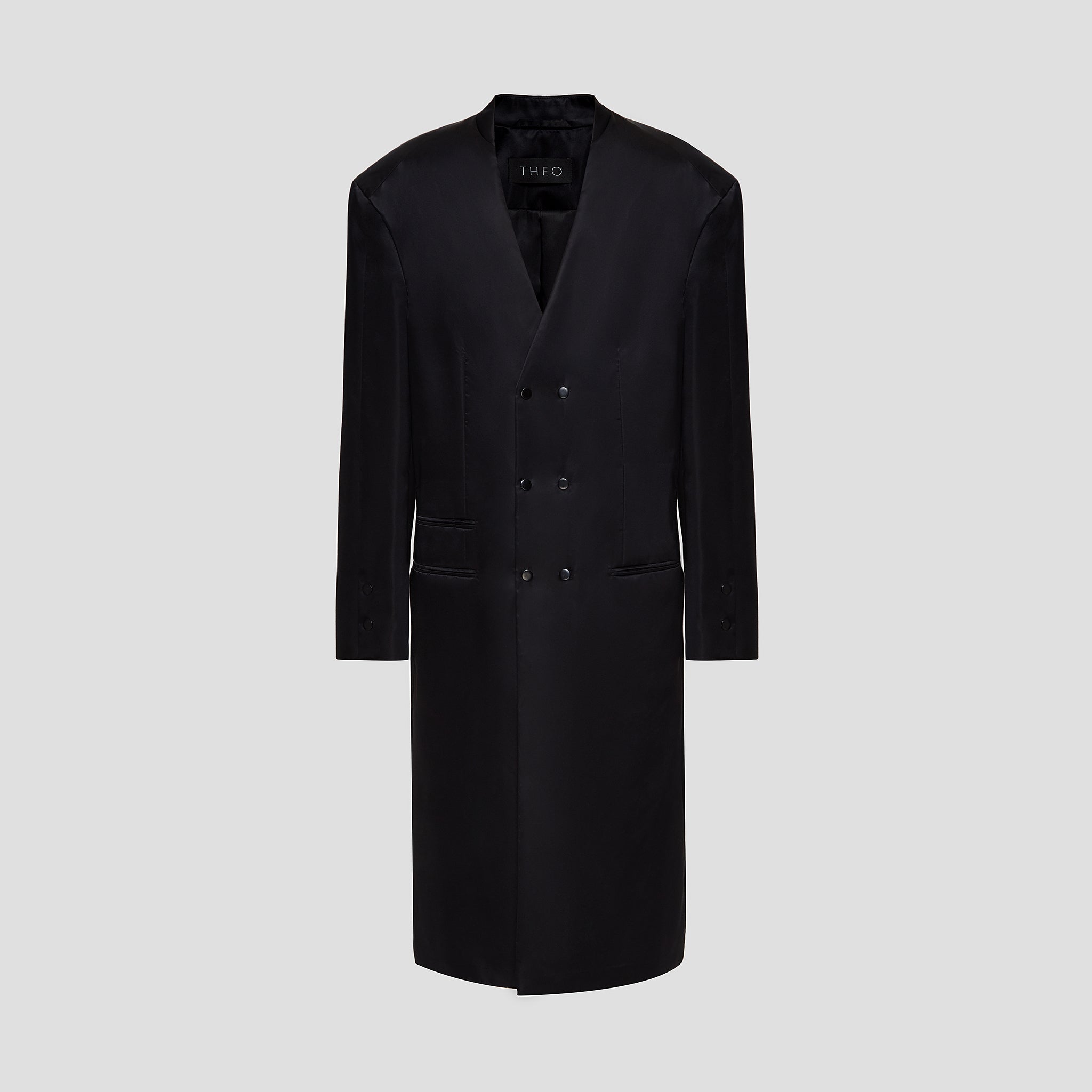 COLLARLESS NYLON DOUBLE-BREASTED COAT