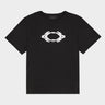 Black jersey T-shirt with raised 3D eye print graphic on chest, crew neck