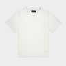 White jersey T-shirt with crew neck; small Theo logo at lower right
