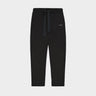 Black cropped sweatpants with drawstring waist and small THEO logo on thigh.