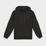 Black pullover hoodie with Theo logo chest, front view hood drawstrings