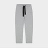 Gray cropped sweatpants with black drawstring bow and small Theo logo
