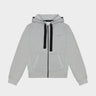 Grey zip-up hoodie with hood, black drawstrings, THEO logo on chest