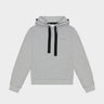Heather gray hoodie with hood, black drawstrings, small Theo logo; kangaroo pocket
