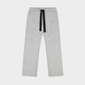 Light gray sweatpants with black drawstring and THEO logo on right thigh