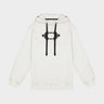 White hoodie close-up with black 3D eye graphic on chest