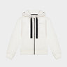 White zip-up hoodie with hood, black drawstrings, Theo logo on chest