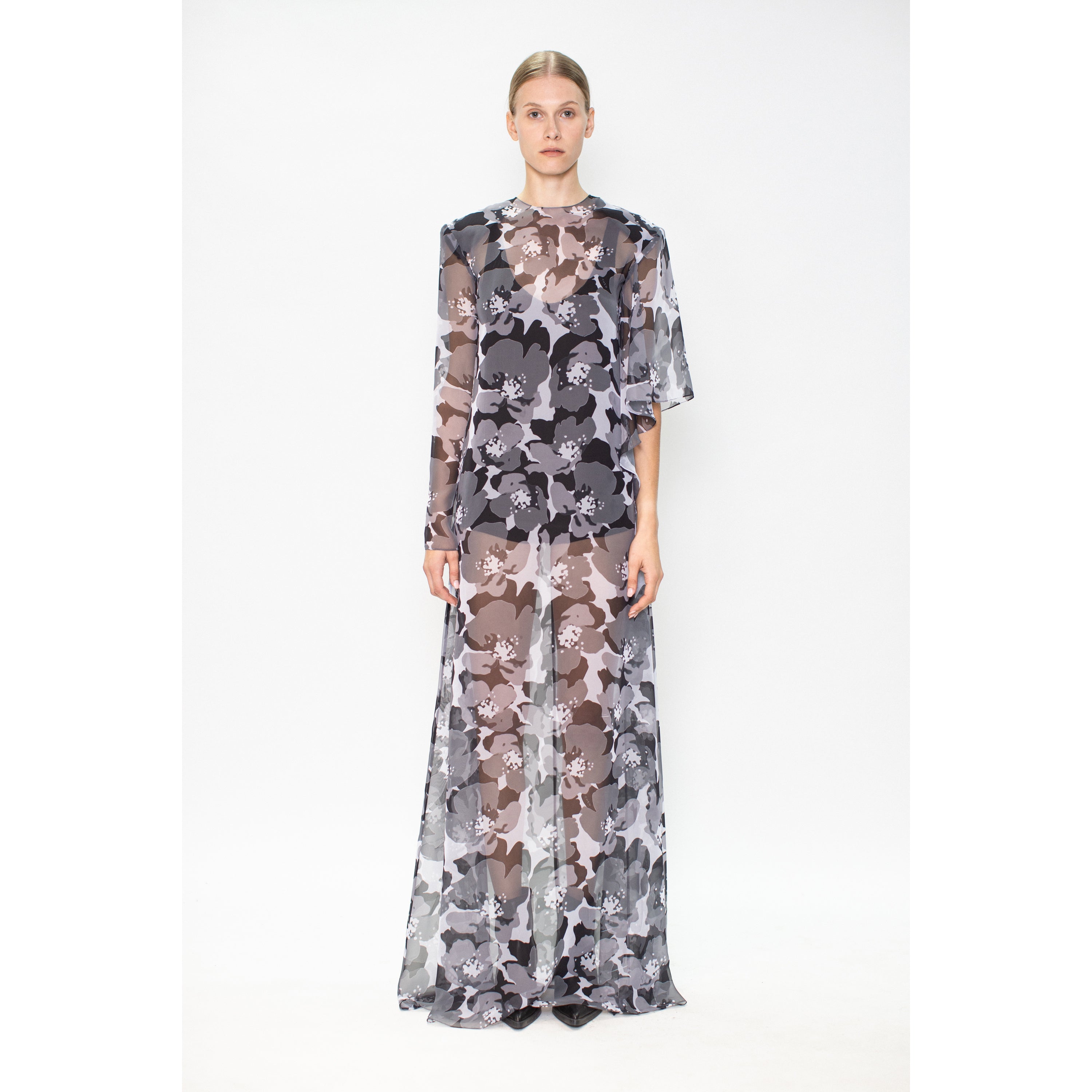 MAXI DRESS WITH ACHROMATIC FLORAL PRINT