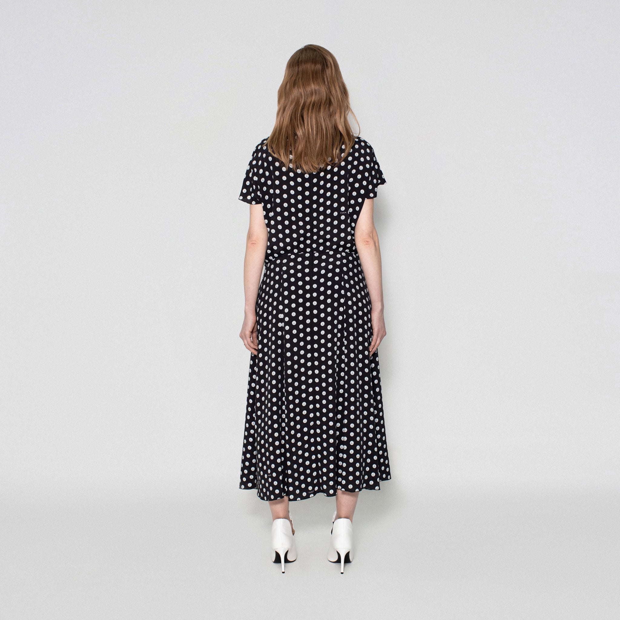 FLUID DRESS IN CREPE DE CHINE WITH POLKA PEARLS PRINT WITH MARTINGALE DETAIL