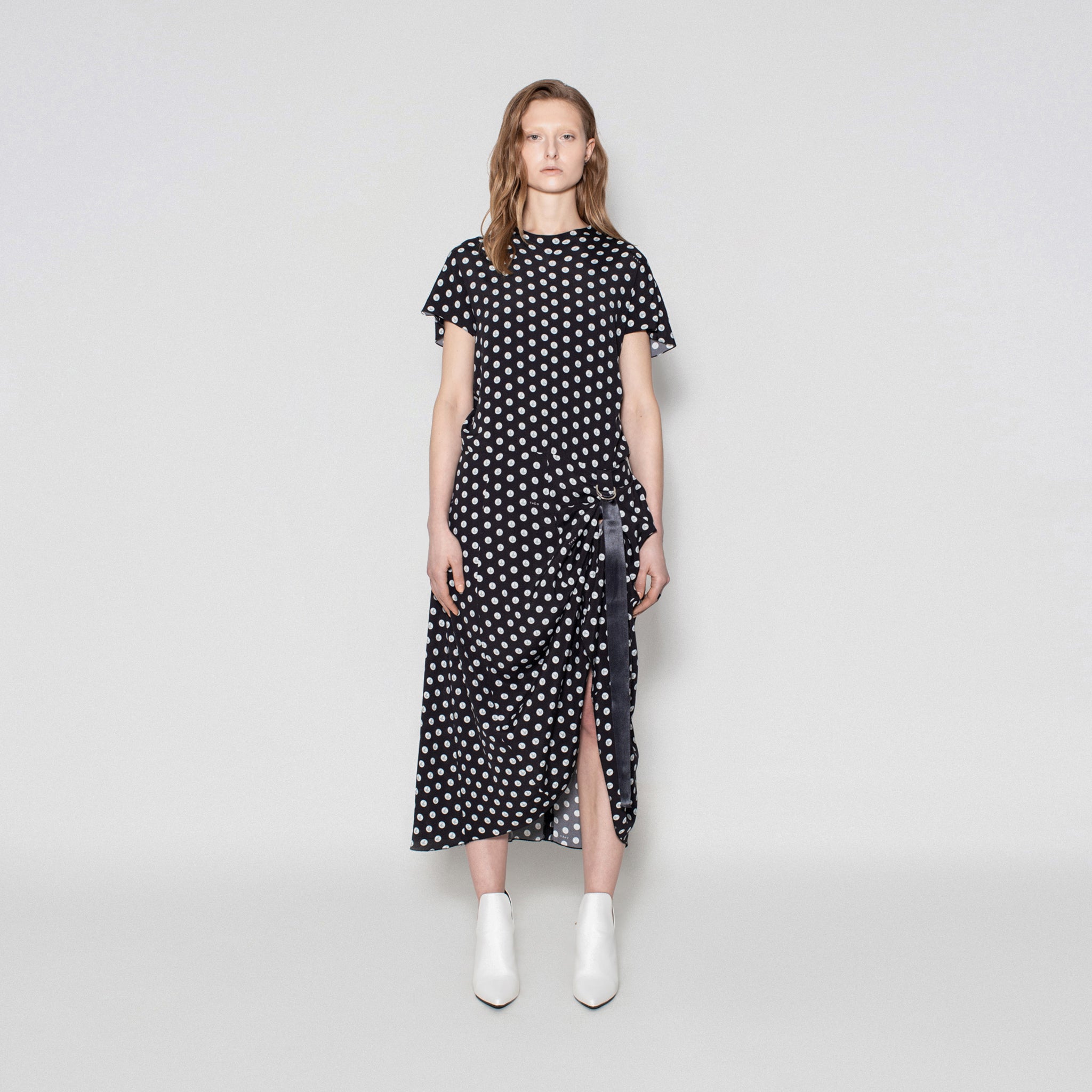 FLUID DRESS IN CREPE DE CHINE WITH POLKA PEARLS PRINT WITH MARTINGALE DETAIL