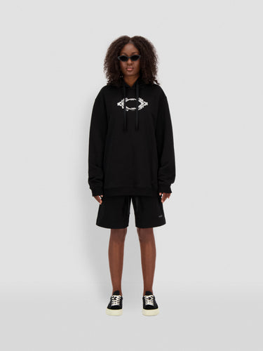 Black hoodie with 3D white eye graphic, hood with drawstrings, kangaroo pocket.