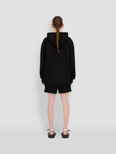 Black pullover hoodie with hood and drawstring, back view