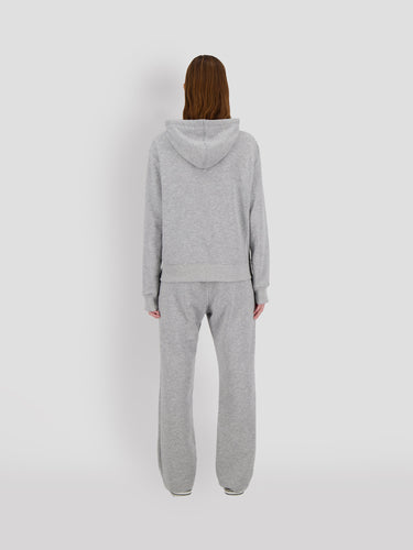 Grey zip-up hoodie with hood, back view