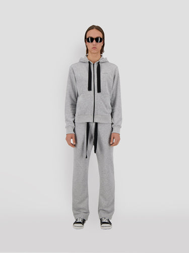 Grey zip-up hoodie with hood and black drawstrings, front view