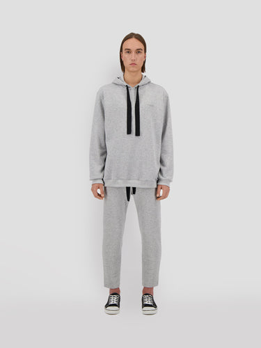 Heather gray hoodie front view with hood and black drawstring