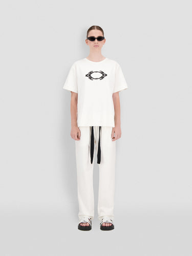 White jersey t-shirt with 3D eye graphic print on chest