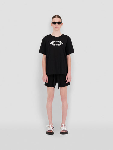 Black jersey T-shirt with 3D eye graphic print on chest, crew neck, short sleeves