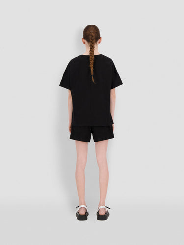 Black jersey T-shirt, crew neck, short sleeves (back view, no front print)