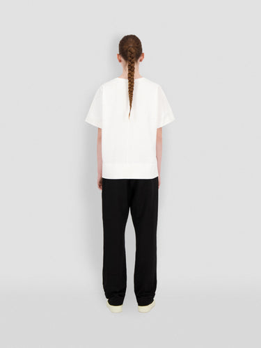 White jersey T-shirt with crew neck, short sleeves, plain back