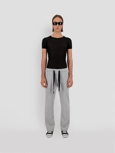 Heather gray straight-leg sweatpants with black drawstring and front pleats