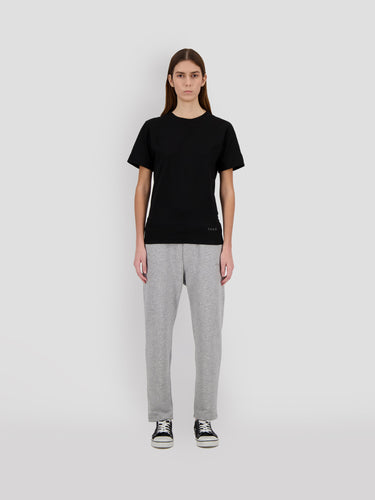 Heather gray straight-leg sweatpants with black drawstring and THEO logo