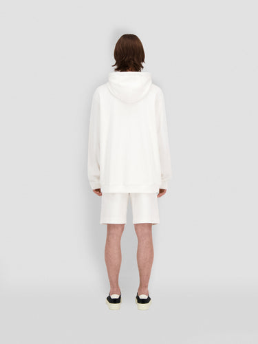 White pullover hoodie, back view, with adjustable hood and kangaroo pocket
