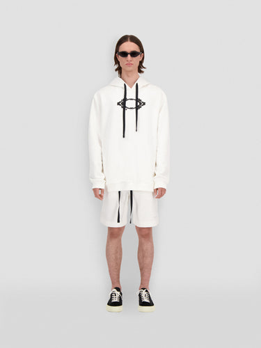 White pullover hoodie with black 3D eye print and drawstring hood