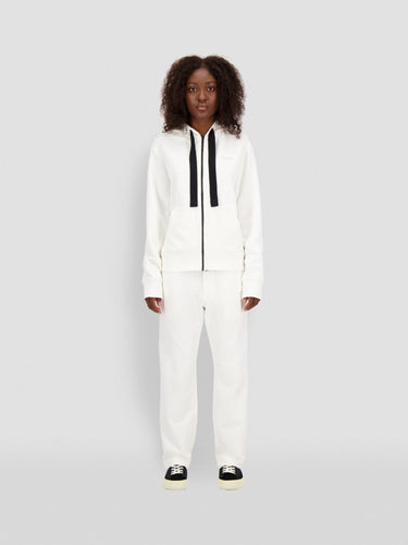 White zip-up hoodie with hood and front zipper, black drawcords