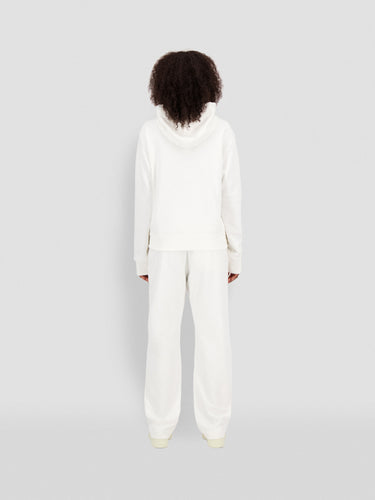 White zip-up hoodie with hood, small back logo near collar